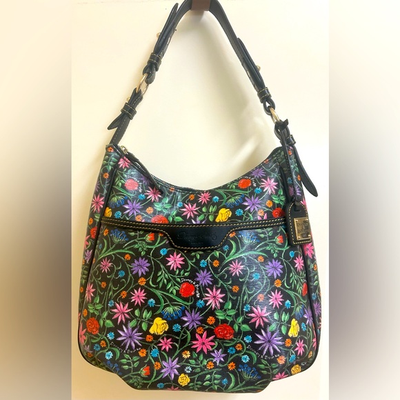Dooney & Bourke Black Floral Botanical Hobo Shoulder Purse W/Rainbow Zippers EUC - Picture 1 of 16